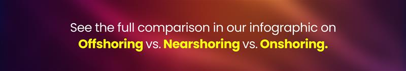 See the full comparison in our infographic on Offshoring vs. Nearshoring vs. Onshoring.