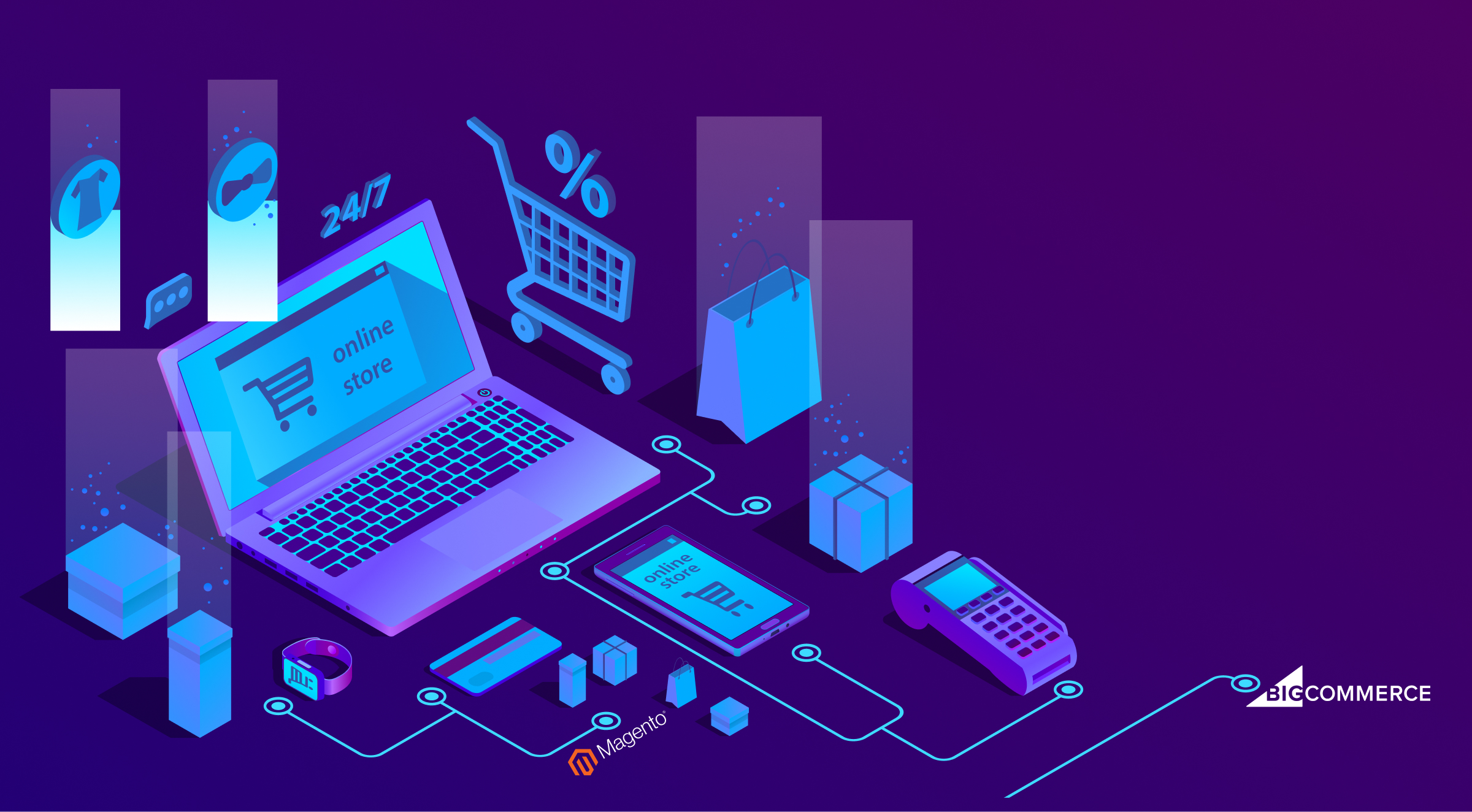 Illustrations on e-commerce or website building with the mention of BigCommerce and Magento-1